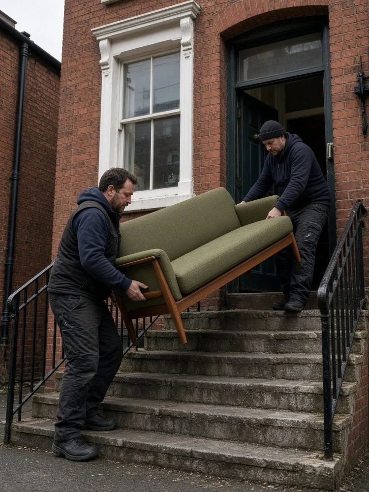 Two movers carrying a green sofa down the front steps of a brick house
